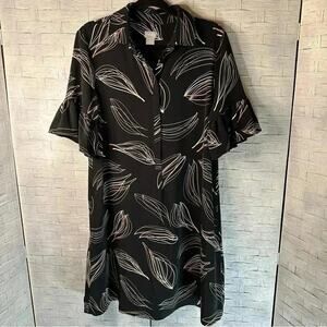 Chico’s womens Shirt dress bell sleeve leaf print ruffle sleeve pockets